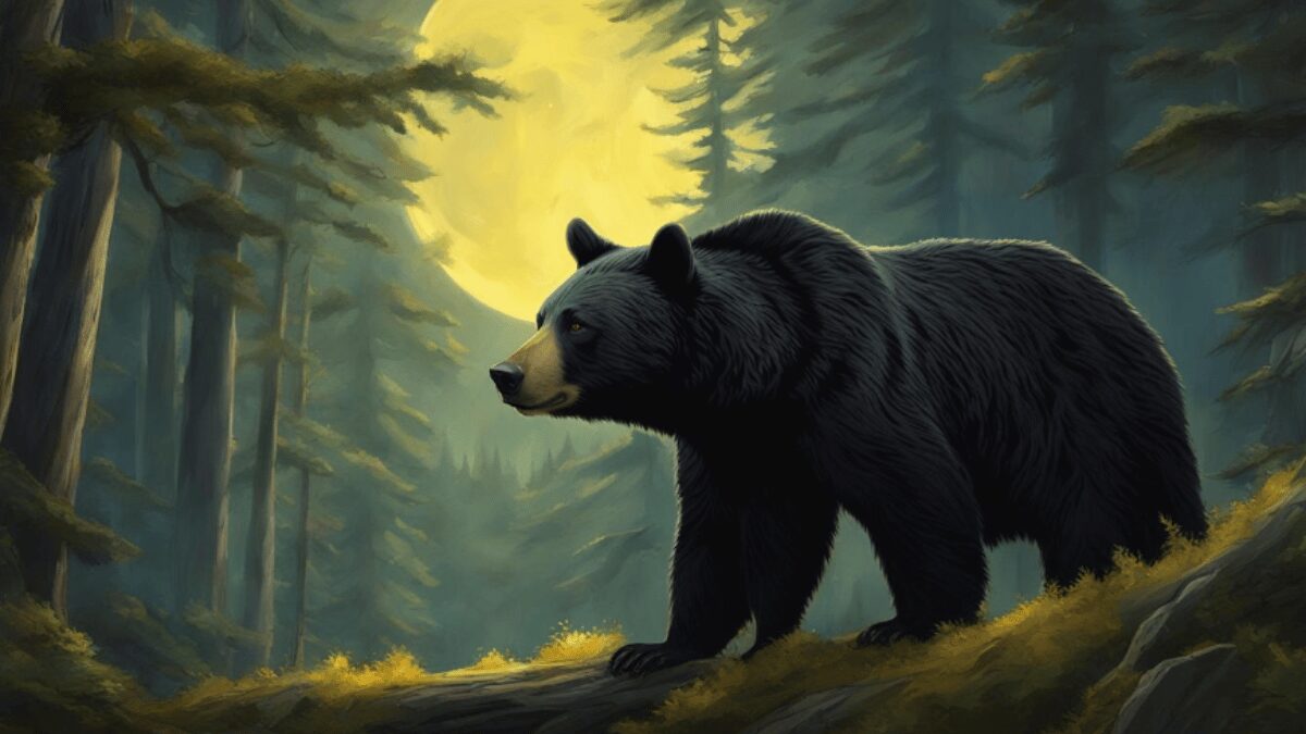 A black bear with piercing yellow eyes stands in a forest clearing, surrounded by dense trees. Its fur is thick and shaggy, and it looks both formidable and majestic.