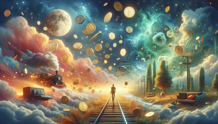 elements of the waking world with dreamlike imagery, reflecting the interplay between our daily experiences and financial thoughts in our dreams.
