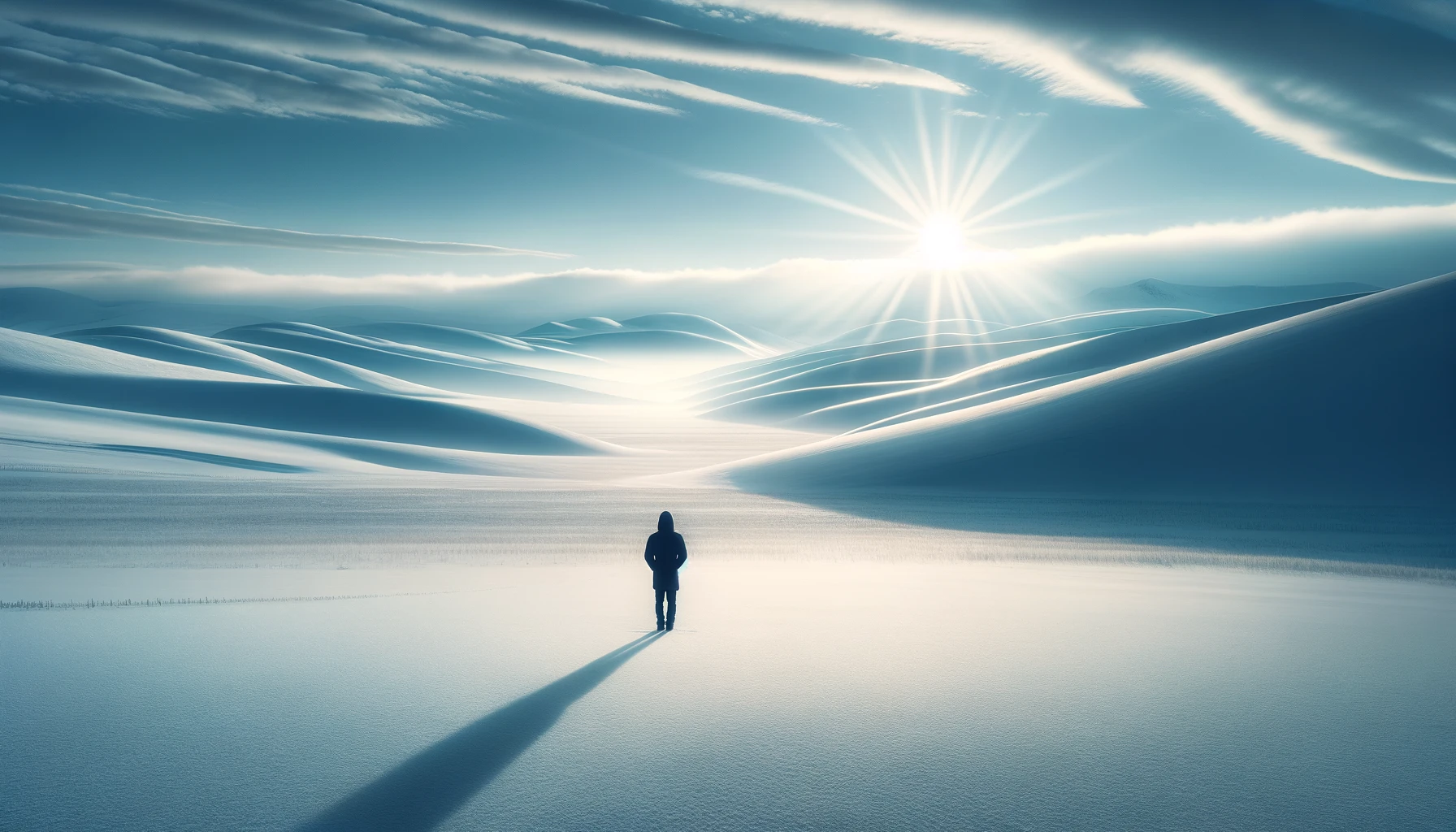 an image depicting a person standing in snow, capturing a serene winter scene.